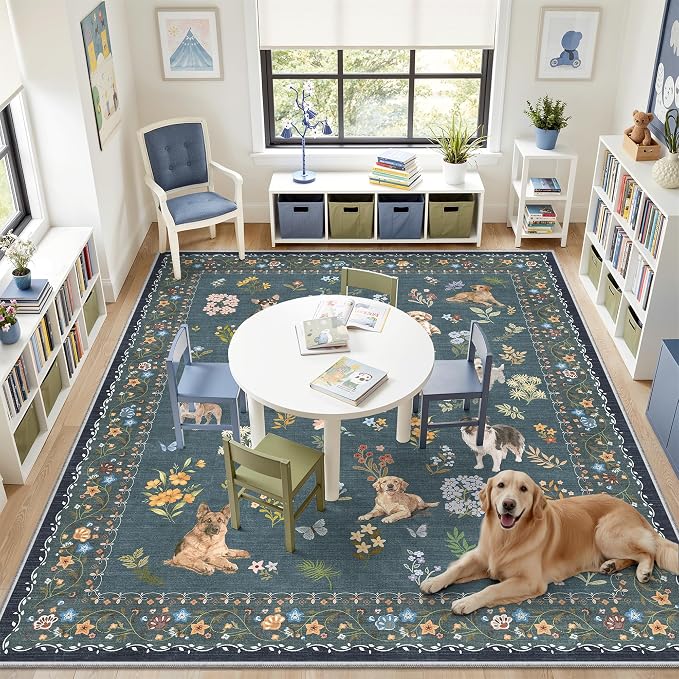 Soalmost Dog 9x12 Area Rugs for Living Room, Machine Washable Animal Floral Vintage Rug Non-Slip Low Pile Soft Throw Large Rugs for Classroom Bedroom Dining Room Nursery Playroom (9 x 12,Navy Blue)