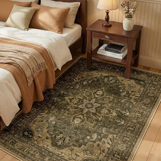 RELEANY Area Rugs 3'x5' Washable Non-Slip, Floral Vintage Distress Print Pattern Medallion Carpet for Living Room Bedroom Dining Room, Brown Dark Brown