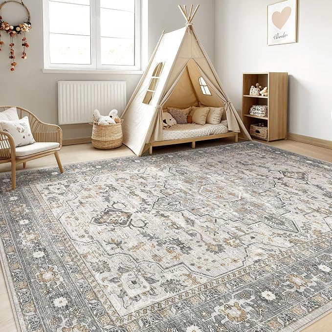 7x10 Area Rug Living Room: Washable Boho Large Neutral Vintage Soft Rugs Stain Resistant Distressed Farmhouse Non-Slip Indoor Floor Carpet for Bedroom Nursery Kids Office Dining Room- Taupe