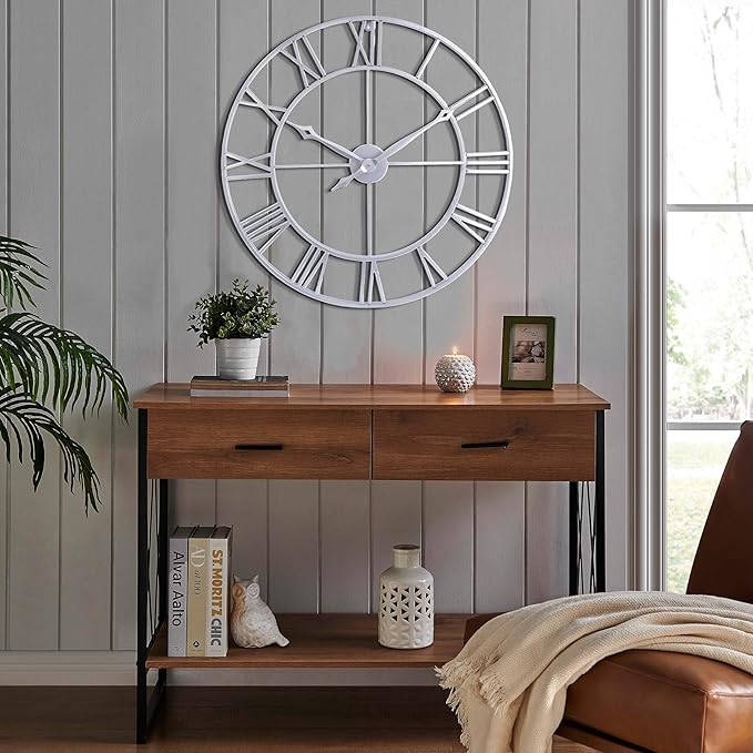 CLXEAST Large Modern 30 Inch Wall Clock Silver, Oversized Big Roman Numeral Metal Wall Clocks for Living Room Decor, Home Office,Dinning Room