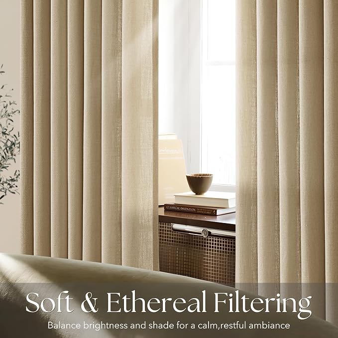 Kahki Pinch Pleated Linen Curtains 63 Inch Length 2 Panels for Living Room Bedroom Textured Semi Sheer Drapes Pinch Pleat Rings Window Curtain 40x63