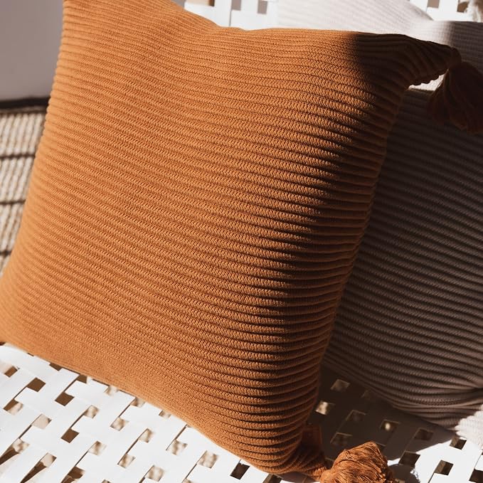 Soft Cotton Throw Pillow Cover with Ribbed Knit Texture and Tassel Corners Decorative Accent for Couch or Bed (20x20, Burnt Orange)