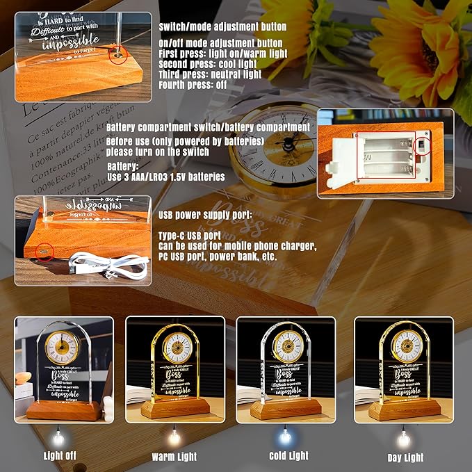 Ornalrist Boss Crystal Clock Gifts for Women, Men with Wooden LED Light Base, Boss Appreciation Gift Idea for Leader's Day, Desk Office Home Decor
