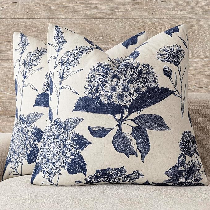 Foindtower Set of 2 Linen Floral Vintage Throw Pillow Covers Neutral Accent Print Decorative Cozy Cushion Covers Farmhouse Boho Home Decor for Sofa Chair Couch Bed Living Room,24×24 Inch,Navy Blue
