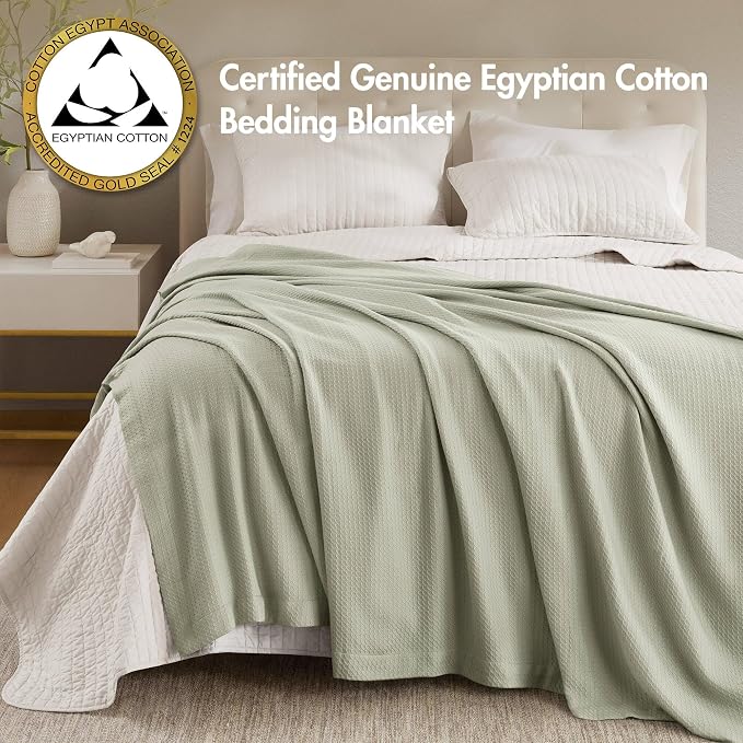 Madison Park 100% Egyptian Cotton Lightweight Summer Blanket, Breathable Waffle Knit Design, Soft Cozy All-Season Throw for Bed, Couch or Sofa, Sage Green King Size (108"x90")