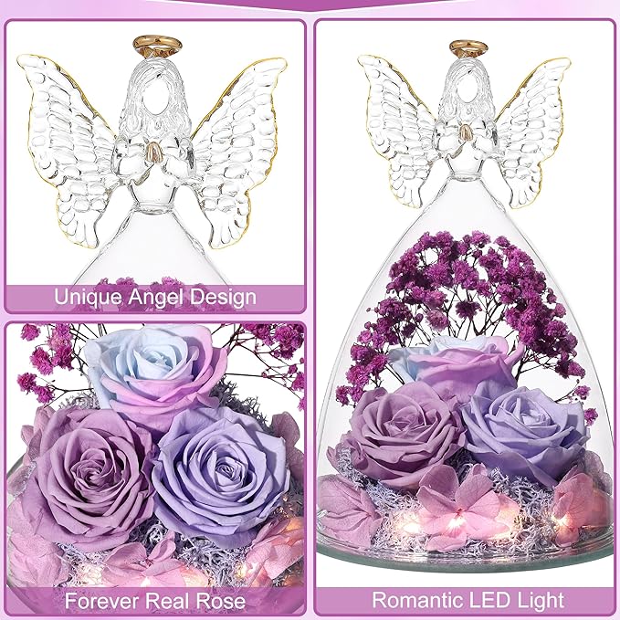 Mothers Day Rose Gifts for Women Preserved Real Flower in Glass Angel Figurines Roses for Delivery Prime Birthday Gifts for Mom Grandma Girlfriend Wife Her, Multi Purple