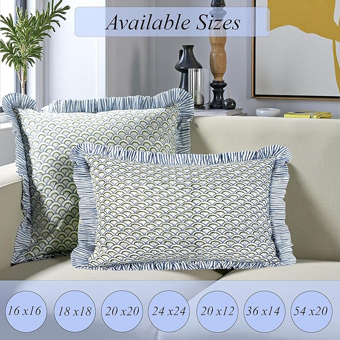 Ridhi Block Print Hand Fan Harmony Throw Pillow Cover 24" x 24" (Pack of 2) Decorative Cushion Covers with Ruffle for Couch, Sofa, Bed, Living Room, Home Decor Gift for Spring, Easter, Valentine
