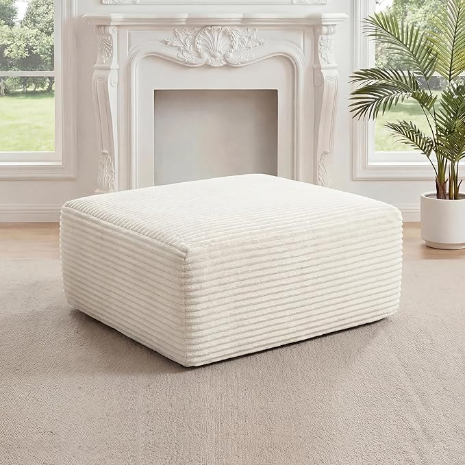 27.56'' Plush Fluffy Corduroy Poofy Ottoman in a Box for Boneless Sofa Couch, Modern Compressed Foot Rest, Small Comfy Rectangle Boneless Pouf Footstool Ottoman for Living Room, Bedroom, Beige