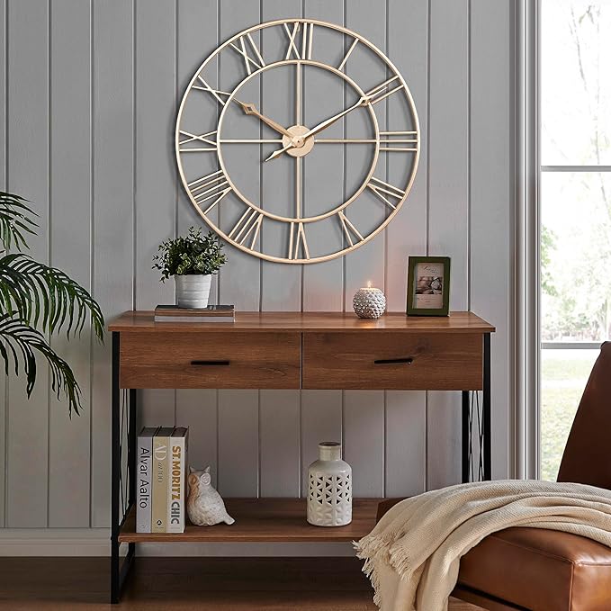 CLXEAST Champagne Gold 30 Inch Wall Clock,Large Modern Metal Roman Numeral Wall Clocks Living Room Decor,House Warming Gifts New Home