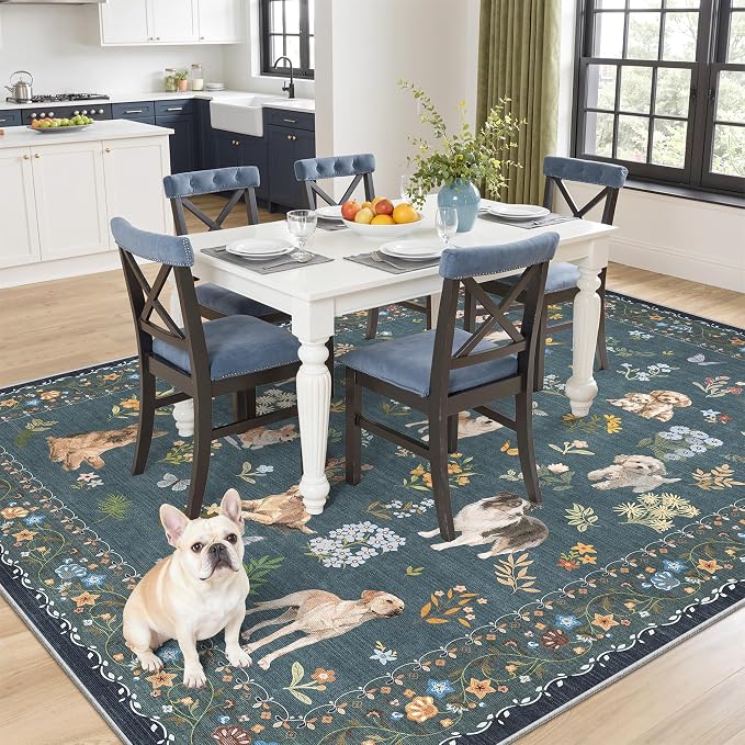 Soalmost Dog 6x9 Area Rugs for Living Room, Machine Washable Animal Floral Vintage Rug Non-Slip Low Pile Soft Throw Rugs for Bedroom Dining Room Kitchen Nursery Playroom (6 x 9,Navy Blue)