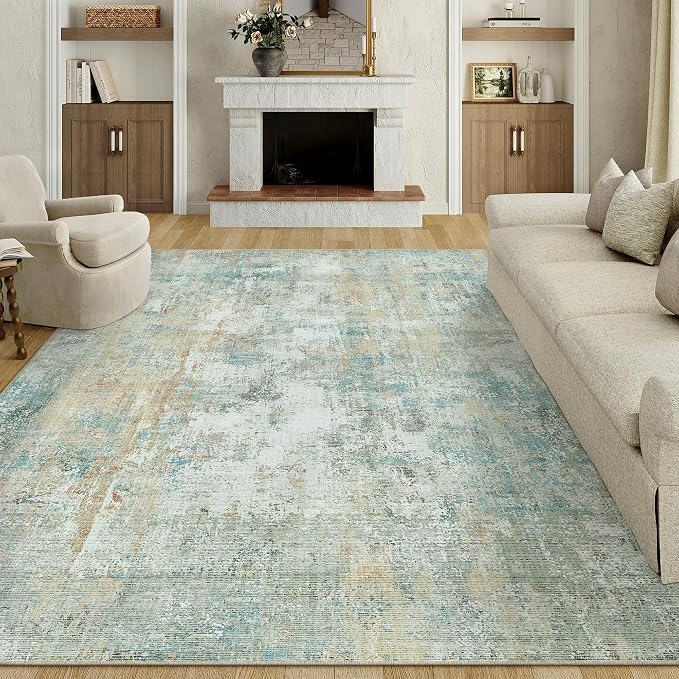 10x12 Washable Area Rug Teal Beige Abstract Non Slip Soft Low Pile Rug for Living Room Bedroom Dining Room Office Neutral Modern Indoor Large Throw Carpet for Home Decor