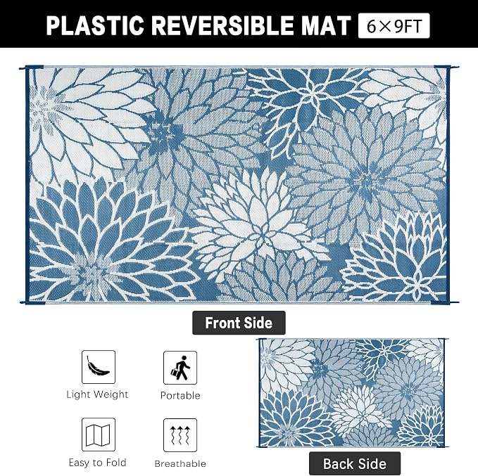 HUGEAR 6'x9' Outdoor Rug Waterproof Plastic Straw Rugs Blue Reversible Floral Mat Floor Carpet for Camping RV Deck Entryance Porch Picnic Balcony Beach Backyard