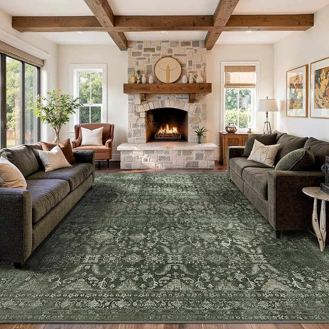 Rugxara 9x12 Area Rugs for Living Room Bedroom, Large Washable Rug, Green Vintage Floral Boho Rug, Non Slip & Low Pile Faux Wool Thin Carpet for Indoor Dining Room and Kids Room(Green 9x12ft)