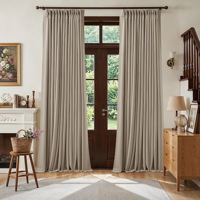 Dark Flax 108 Inch Pinch Pleat Drapes Greige Greyish Beige Room Darkening Curtains 108 Inches Long for Bedroom Neutral Farmhouse 100% Blackout Thick Linen Double Layer Pleated Curtain 2 Panels Set