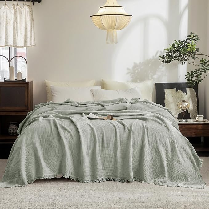 FOSSA Muslin Blanket: 4-Layer 100% Cotton Gauze Blanket with Fringe 98"x98" | Super Soft Breathable Lightweight All Season & Decorative Blanket or Bed, Sofa, Office (Sage Green, Oversize Queen)