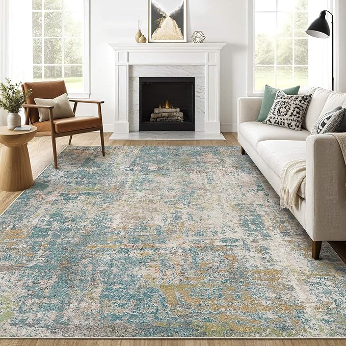 7x9 Area Rug Living Room: Washable Large Abstract Neutral Modern Soft Rugs Stain Resistant Indoor Floor Non-Slip Accent Carpet for Bedroom Nursery Playroom Office Dining Room Home Decor- Teal