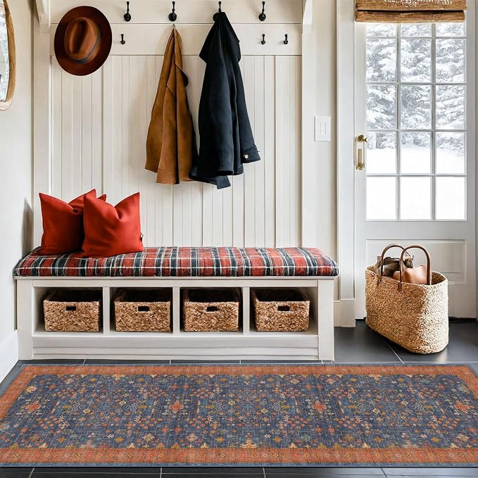 Hazo Haus Navy Blue Washable Hallway Runner Rug 2x10 Non Slip Rugs for Kitchen, Mudroom, Bathroom, Hall Way - 10 ft Long Dark Boho Geometric Decor, Fade & Stain Resistance