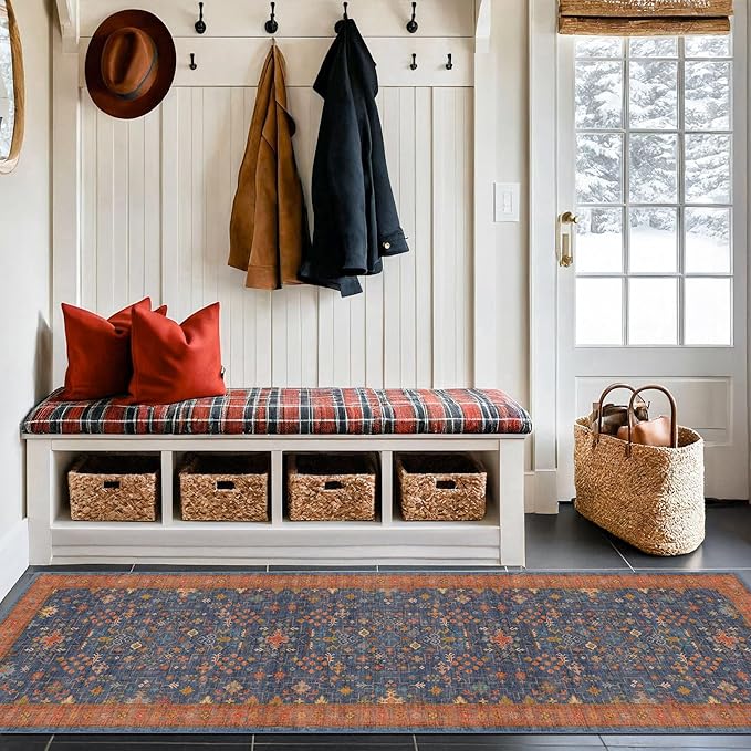 Hazo Haus Navy Blue Runner Rug 2x6 for Kitchen, Hallway, Mudroom, Laundry Room, Bathroom, Washable Non Slip Non Skid Rubber Backing Low Pile Stain Resistance