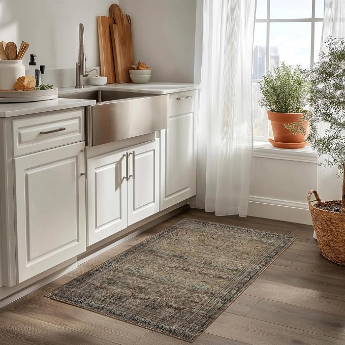 Ruaruarug Washable Area Rug 2x3 for Kitchen Entryway Living Room Bedroom, Ultra Soft Non Slip Stain & Fade Resistant, Pet & Kids Friendly, Suitable for High Traffic Areas Easy to Clean, Vintage Brown