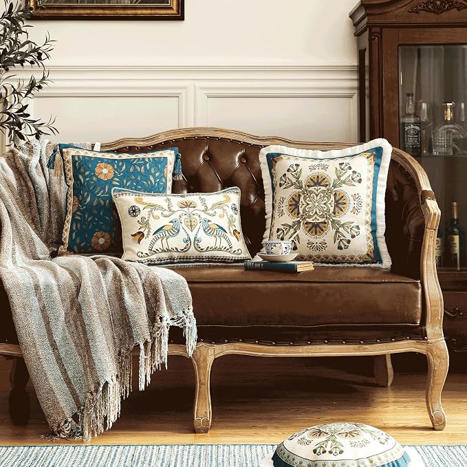 patdrea French Vintage Linen Throw Pillow Cover,12"x20",Set of 2-Wensel C | Decorative Pillow Case,Bird and Floral Pattern,Cushion Coverfor Couch Living Room Bedroom Sofa