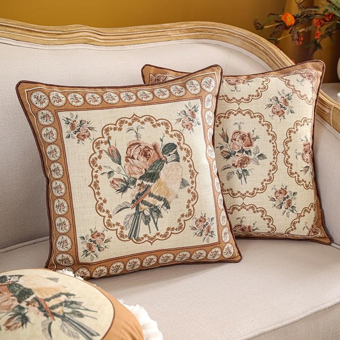patdrea Vintage Linen Throw Pillow Cover,18"x18",Set of 2-ParkerEstate C | French Decorative Pillow Case with Zipper,Bird and Floral Pattern,Cushion Coverfor Couch Living Room Bedroom