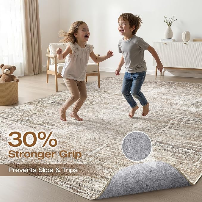 10x13 Area Rug Living Room: Washable Large Neutral Rug Abstract Soft Modern Stain Resistant Indoor Floor Non-Slip Carpet for Bedroom Nursery Kids Office Playroom Dining Room Under Table- Dark Brown