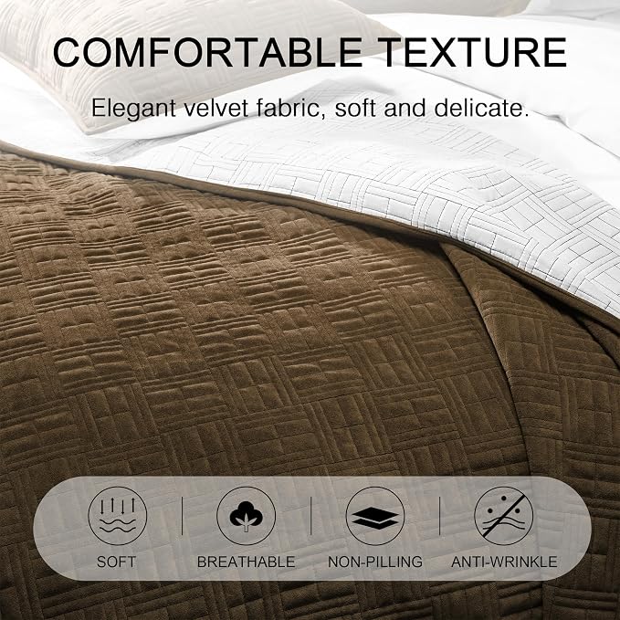 ELEGANT LIFE HOME Luxury Velvet Corduroy Geometric Stitching Bedding Quilt Set with Matching Shams, King/California King (106 in x 92 in /1+20 in x 36 in /2), 3 Piece, Brown
