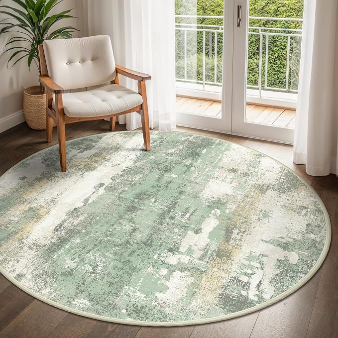 BEIMO Round Rugs 8FT for Living Room Bedroom, Modern Abstract Machine Washable Circle Rug, Soft Low Pile Floor Cover with Non Slip Backing for Dining Room, Light Green