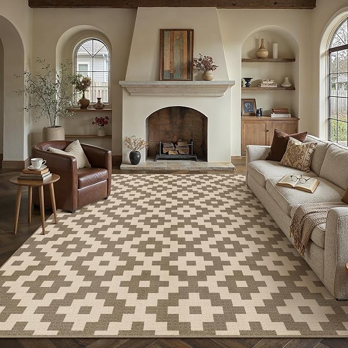 PureCozy Brown 8x10 Area Rug for Living Room Machine Washable Large Rug Non-Slip Soft Low Pile Carpet Checkered Stain Resistant Indoor Office Throw Rug for Bedroom Dining Room