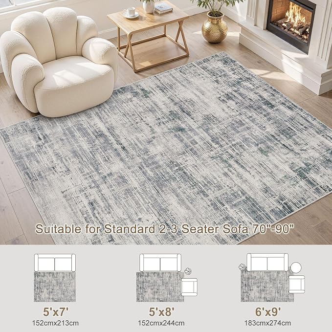 UERMEI 5x7 Washable Area Rug for Living Room: Modern Neutral Abstract Soft Low Pile Carpet Non-Slip Pet Kids Friendly Indoor Decor for Bedroom Dining Room Home Office Nursery Gray