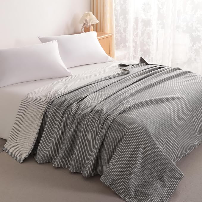 NTBAY 3 Layers Cotton Muslin 106x92 King Bed Blanket, Super Soft Breathable Thermal Yarn Dyed Quilt for Adults, Perfect Lightweight Blanket for Couch Sofa Bed All Seasons, Grey Striped