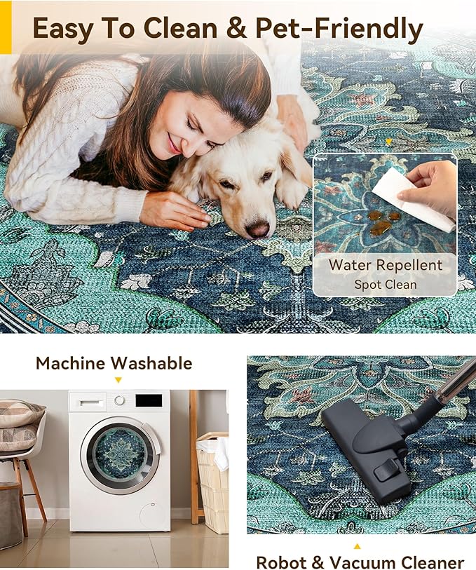 RELEANY Area Rugs 7ft Washable Non-Slip, Floral Vintage Distress Print Pattern Medallion Carpet for Living Room Bedroom Dining Room, Teal Green Lake Blue Turquoise