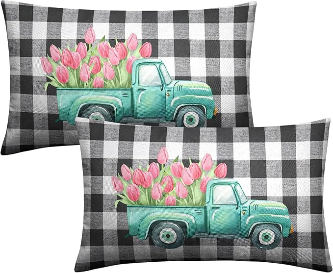 Pink Tulip Lumbar Pillow Covers Spring Truck Rectangle Pillow Case 12x20 Tulip Buffalo Check Decorative Waist Pillowcase for Couch Living Room Bedroom Set of 2