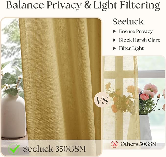 Mustard Yellow Linen Pinch Pleated Curtains 108 Inches Long 2 Panels for Living Room Bedroom Light Filtering Drapes 108 Inch Length Spring Harvest Fall Semi Sheer Memory Trained Ceiling Floor Curtain