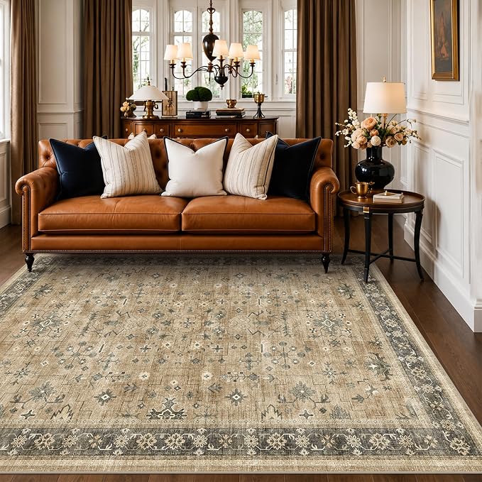 Hazo Haus Rustic Taupe Area Rug 5x7 for Living Room - Machine Washable Rugs for Dining Room, Kitchen Floor, Small Office, Low Pile Non-Slip Rubber Backing & Stain Resistance