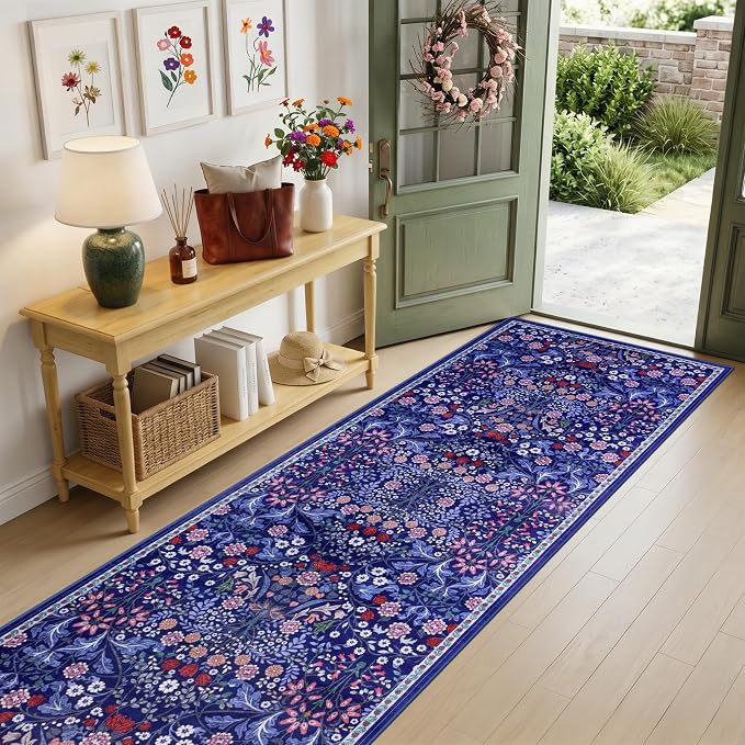Runner Rug for Entryway: 2.6x10 Kitchen Rugs Non Slip Washable Ultra-Thin Soft Floral Carpet Indoor Floor Stain Resistant Carpets for Hallway Bedroom Kitchen Laundry Bathroom Dorm Blue