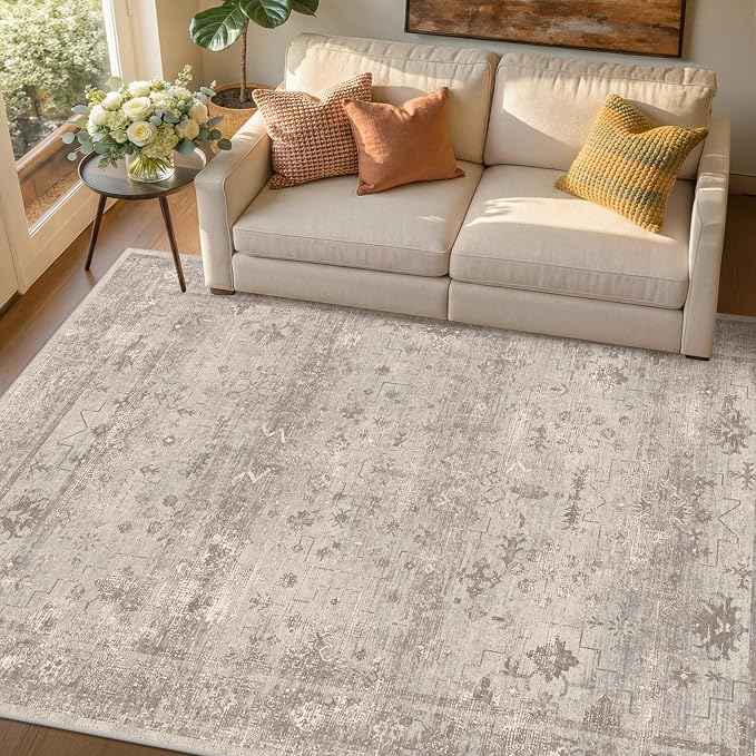 Greige 6x9 Washable Area Rug for Living Room, Distressed Granite-Inspired Geometric Rug for Dining Room & Bedroom, Soft Low Pile Non-Slip Carpet with Modern Organic Style