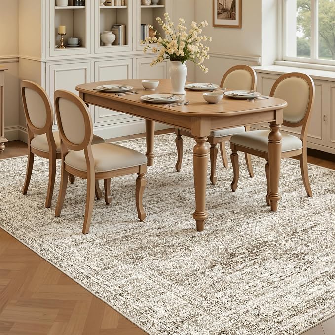 Soalmost 5x8 Area Rugs Brown Low Pile Indoor Washable Trendy Faded Style Rugs for Bedroom Living Room Dining Room Foldable Non-Slip Thin Print Home Office Mat
