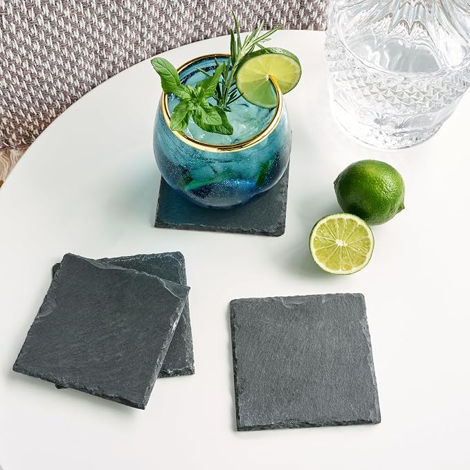 Twine Square Slate Coasters, Modern Square Coasters, Slate with Velvet Backing, Protect Tables and Surfaces, Black, Set of 4