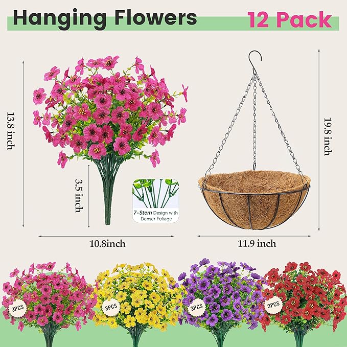 Der Rose 2 Pack Artificial Hanging Flowers Basket for Outdoors Fake Hanging Plants Spring Summer Decoration UV Resistant for Garden Front Porch Patio Balcony Decor