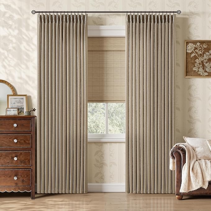 Dark Flax Linen Pleated Curtains 84 Inches 2 Panels Set Farmhouse Rustic Semi Sheer Light Filtering Thick Linen Pinch Pleat Office Curtains Light Brown Back Tab Drapes for Living Dining Room Bedroom