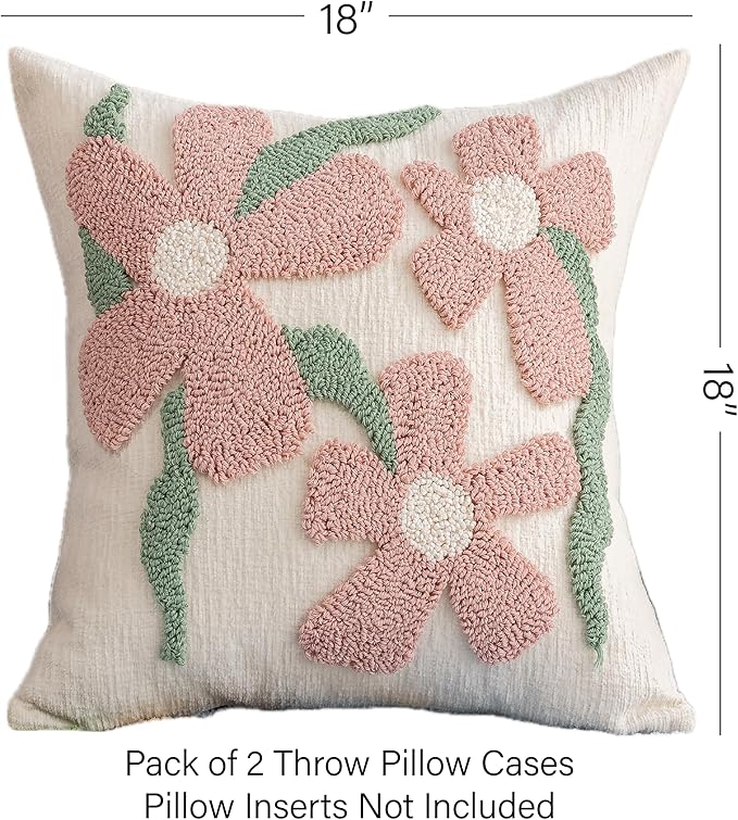 Pink Floral Embroidered Throw Pillow Covers 18" x 18" Set of 2, Farmhouse Flowers Green Leaves Tufted Patterned Cushion Cases for Couch Bed Living Room Decor