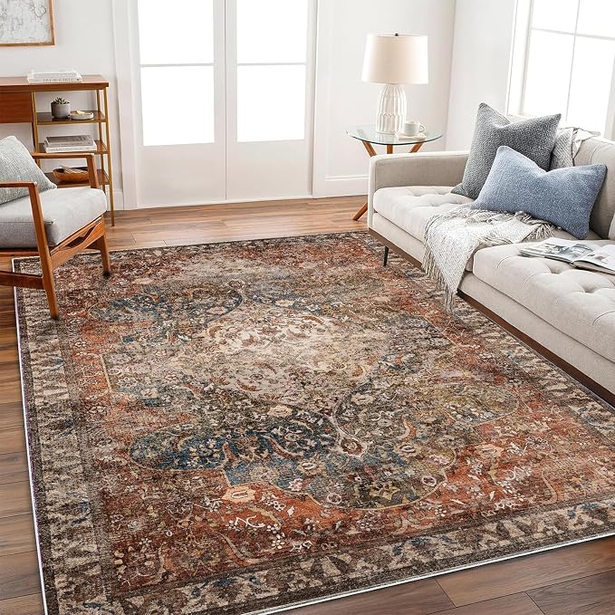 chamler 10'x14' Washable Area Rug Boho Chic Medallion Distressed Design Non-Shedding Easy Care Ideal for High Traffic Areas in Rug for Living Room Bedroom Office Coffee Table Large Carpet