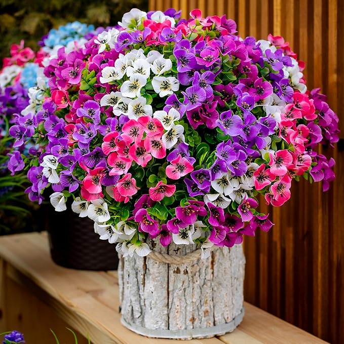 AXYLEX Artificial Flowers Outdoor Shrubs - 16 Bundles Fake Plants UV Resistant No Fade Faux Plastic Greenery Home Garden Porch Patio Decoration (1, Multi 16-4)