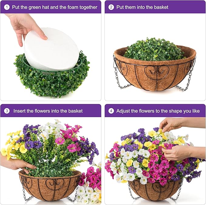 HyeFlora Artificial Hanging Flowers Faux Plants Basket for Outdoors Spring Decor, Fake Silk Morning Glory with Eucalyptus in Planter UV Resistant Outdoor Flowers for Outside Porch Patio Garden Home