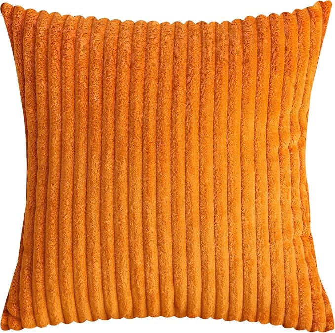 TangDepot Velvet Big Corduroy Pillow Covers 22x22 Deep Orange 2-Pack | Soft wide-stripe corduroy pillow cover, hidden zipper, machine washable, easy refresh, for bedroom living room indoor outdoor