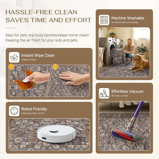 HUGEAR 2x3 Small Rug Machine Washable Area Rug Tradition Brown Entryway Rugs Entrance Door Mat Indoor Accent Rugs Floral Low Pile Carpet Distressed Throw Rug Kitchen Bedroom Office Non Slip