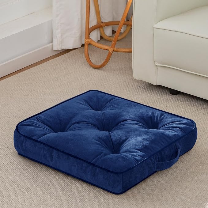 HIGOGOGO Large Floor Pillow Cushion for Adults, Meditation Cushion Pillow with Handle, Lustrous Chenille Tufted, Square Floor Sitting for Tatami Living Room or Yoga, 22x22 Inch, Navy