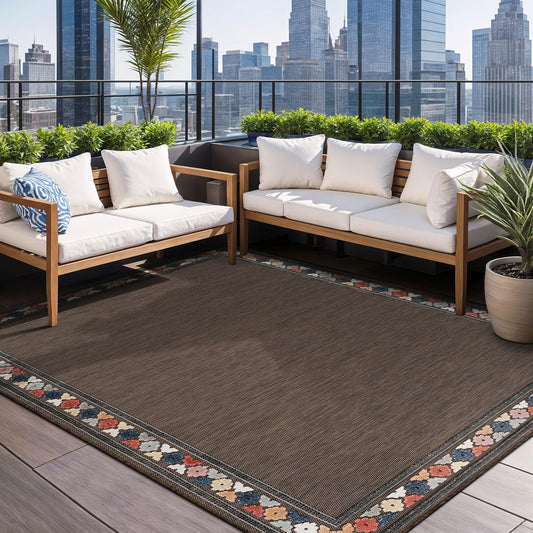 Beverly Rug Outdoor Rug 4x6 Modern Bordered Area Rugs for Indoor and Outdoor Patio Easy to Clean Non Shedding Living Room Porch Garden Washable Outside Carpet (4 x 6 Brown)