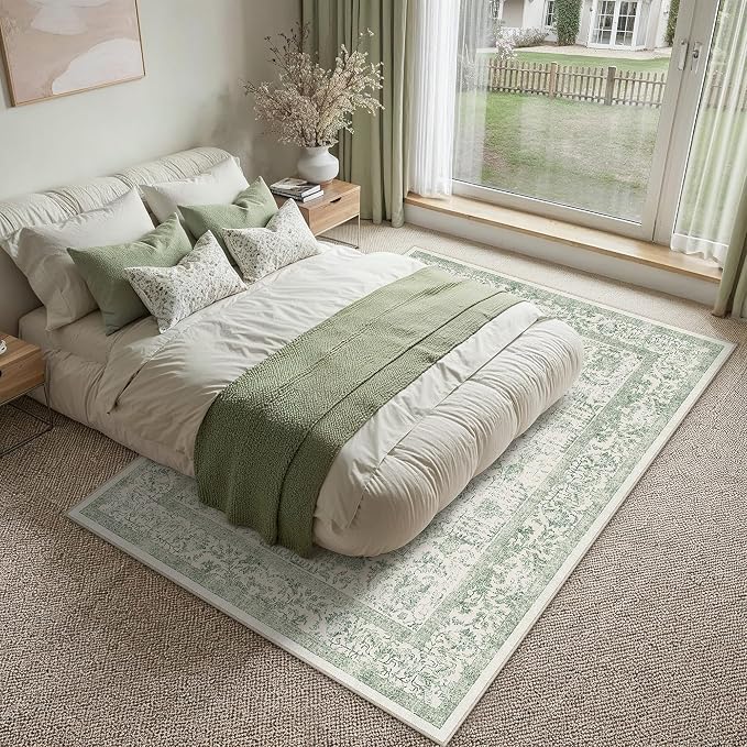 PureCozy Sage Green Area Rug 5x8 Living Room Washable Carpet Vintage Distressed Non Slip Kitchen Carpet Neutral Low Pile Retro Floral Farmhouse Throw Rug for Home Office Bedroom Laundry Dining Room